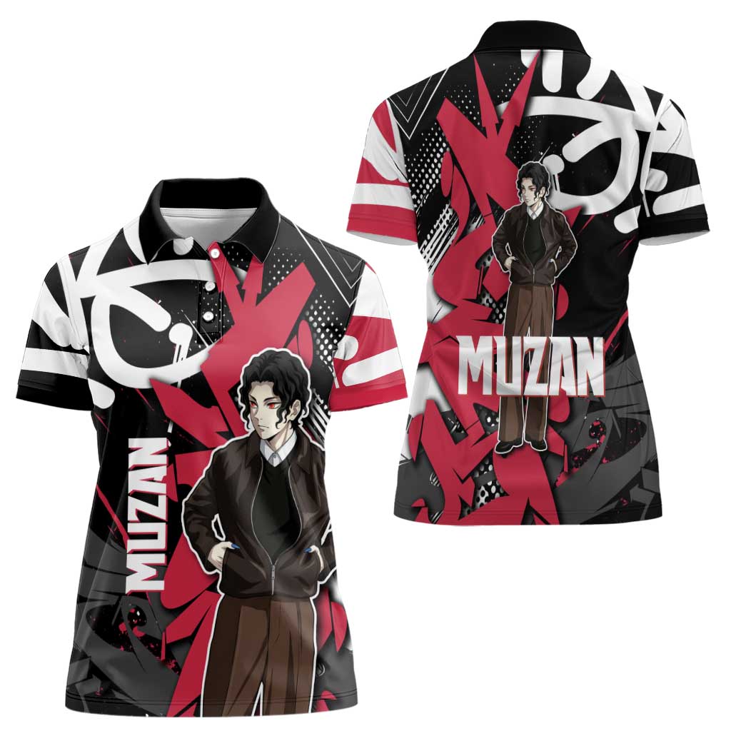 Muzan Demon Slayer Women Polo Shirt Red Graffiti Anime Aesthetic