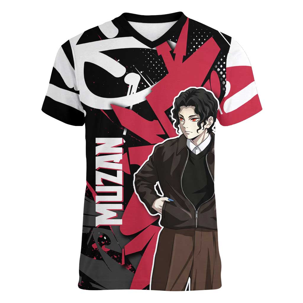Muzan Demon Slayer Women V-Neck T-Shirt Red Graffiti Anime Aesthetic