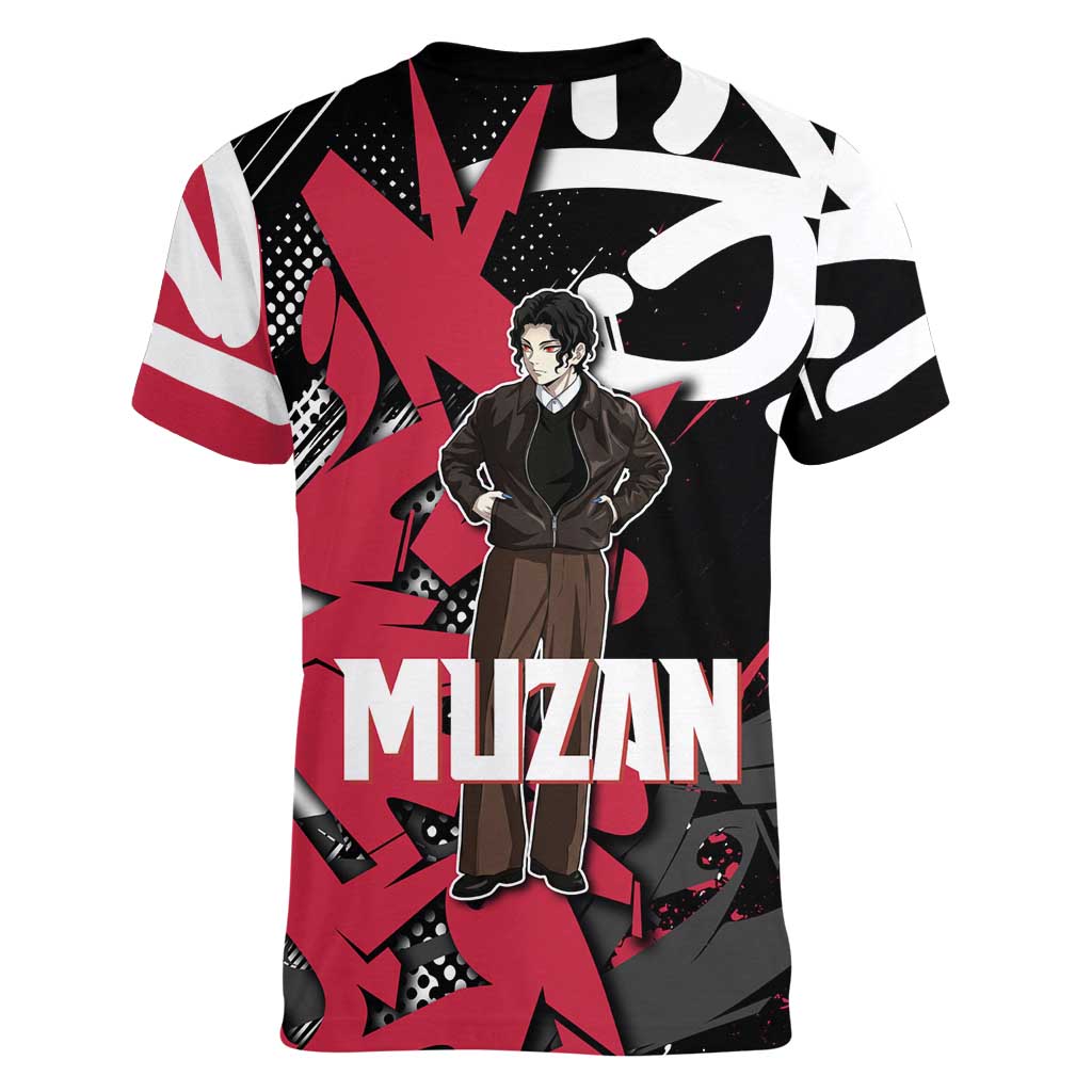 Muzan Demon Slayer Women V-Neck T-Shirt Red Graffiti Anime Aesthetic