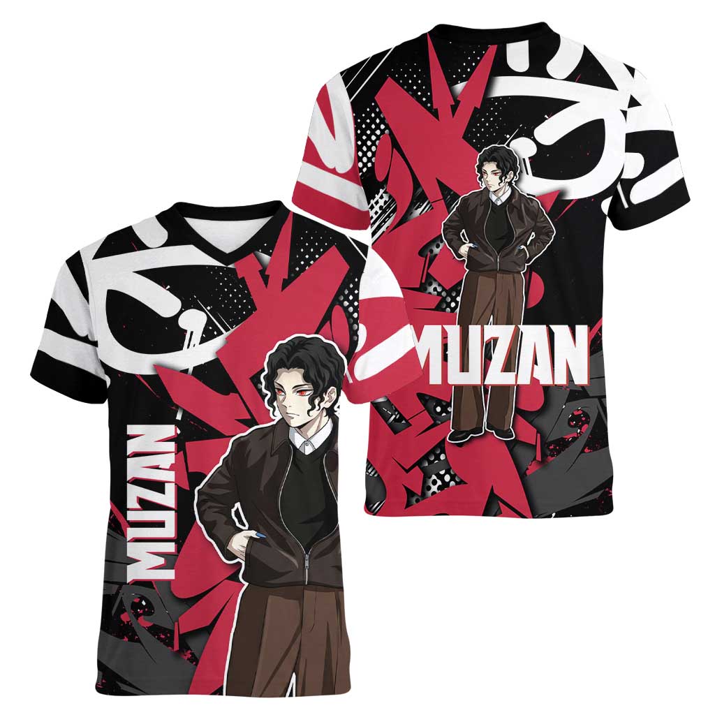 Muzan Demon Slayer Women V-Neck T-Shirt Red Graffiti Anime Aesthetic