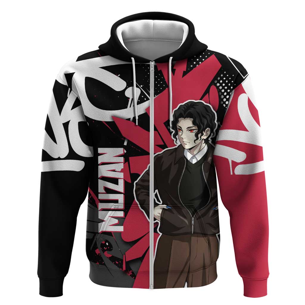Muzan Demon Slayer Zip Hoodie Red Graffiti Anime Aesthetic