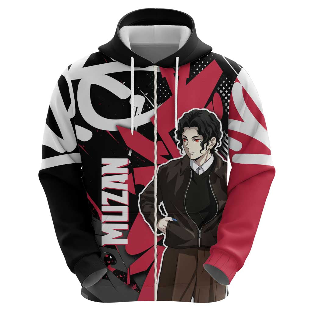 Muzan Demon Slayer Zip Hoodie Red Graffiti Anime Aesthetic