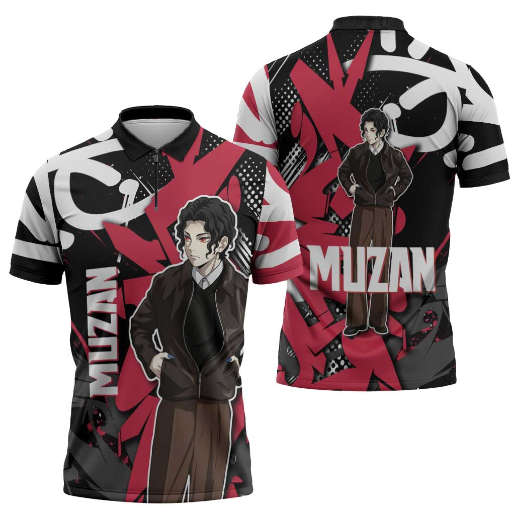 Muzan Demon Slayer Zipper Polo Shirt Red Graffiti Anime Aesthetic