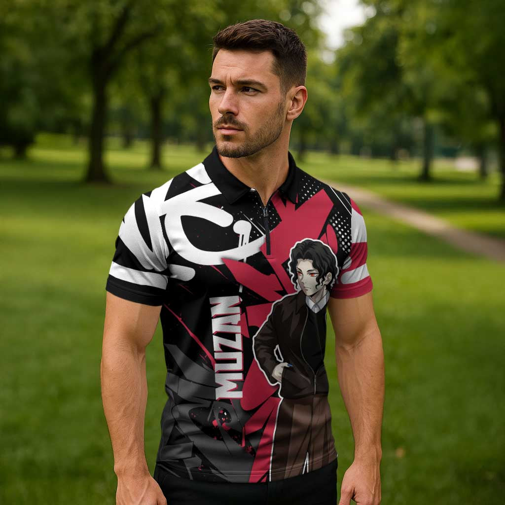 Muzan Demon Slayer Zipper Polo Shirt Red Graffiti Anime Aesthetic