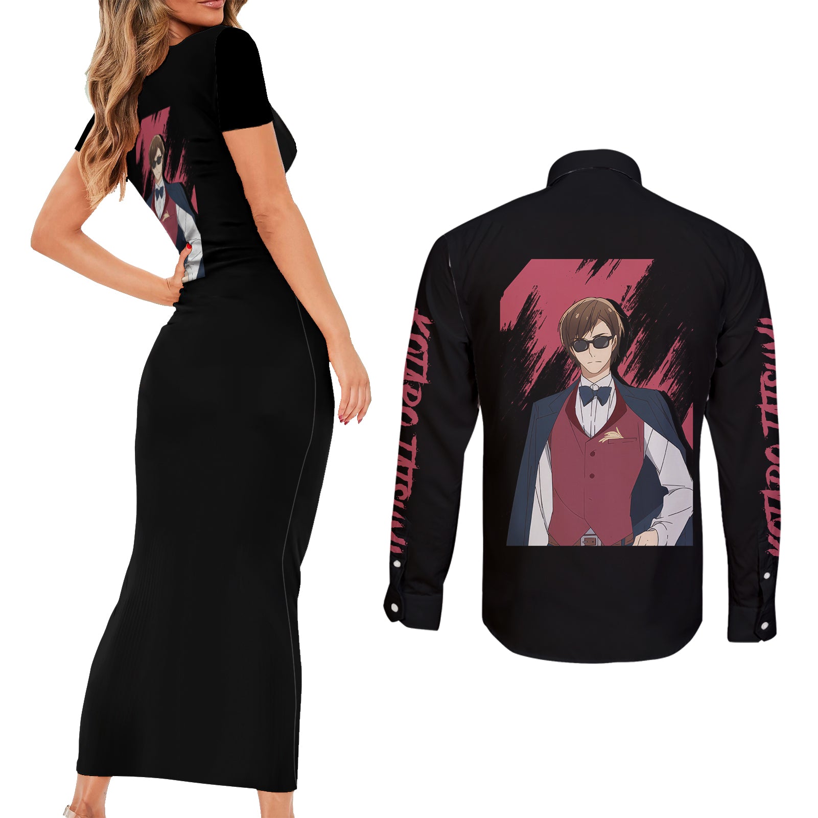 Kotaro Tatsumi Couples Matching Short Sleeve Bodycon Dress and Long Sleeve Button Shirt Zombie Land Saga