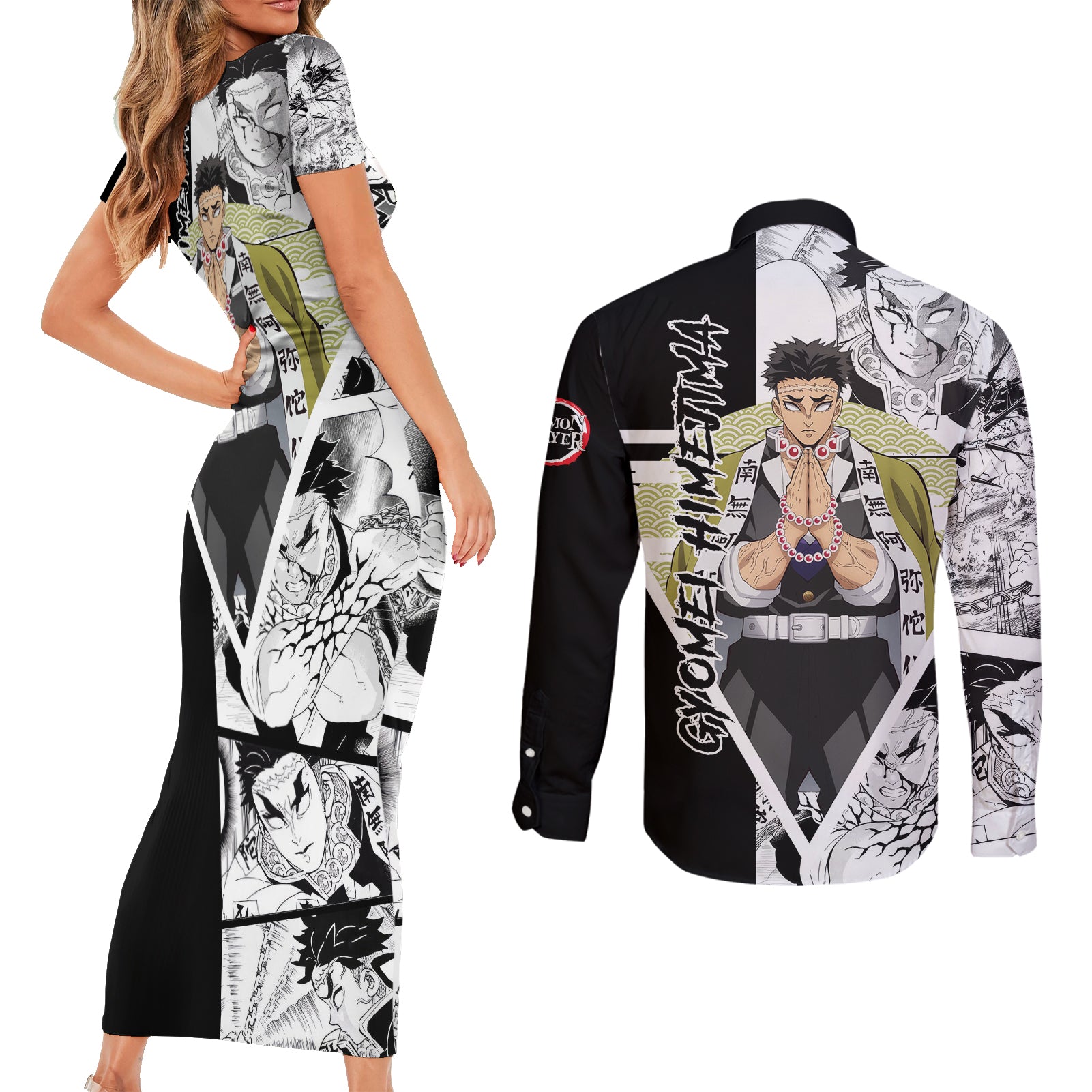 Gyomei Himejima Couples Matching Short Sleeve Bodycon Dress and Long Sleeve Button Shirt Demon Slayer