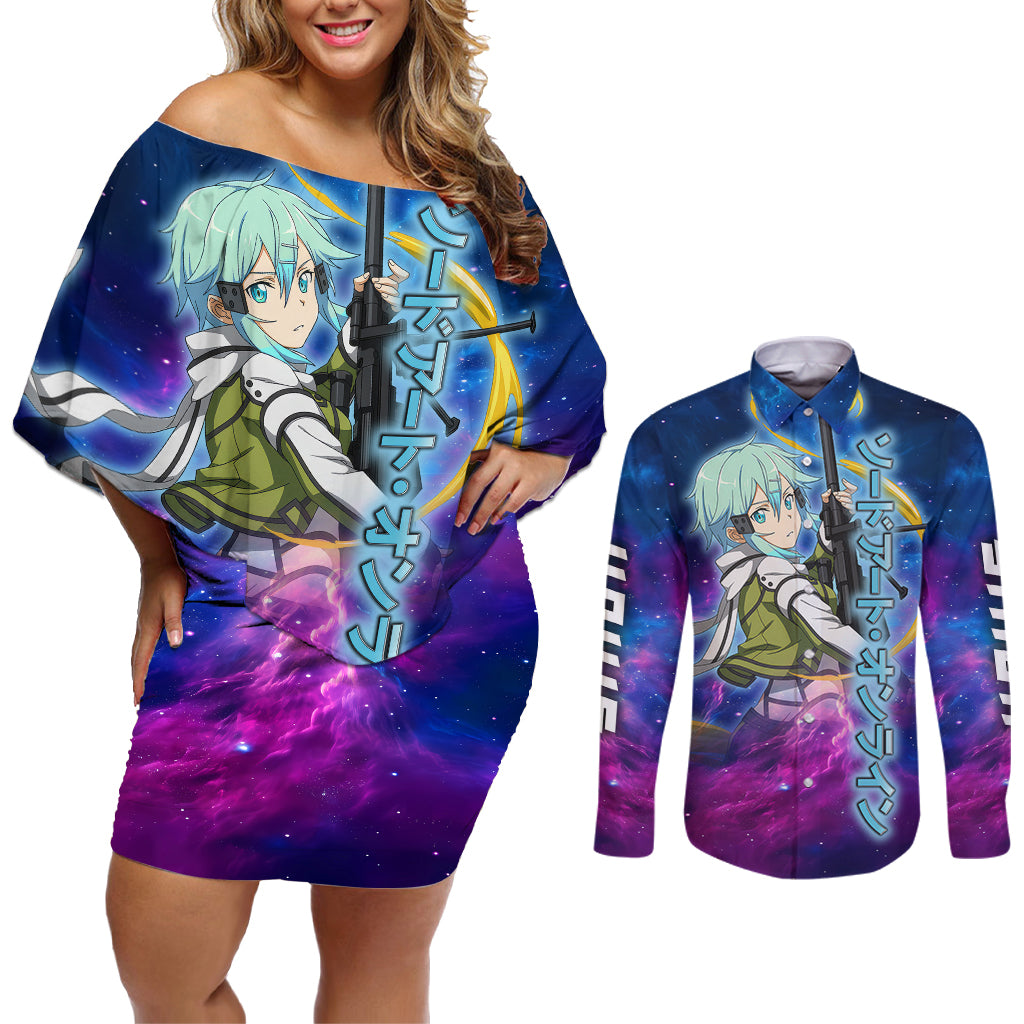Sinon Couples Matching Off Shoulder Short Dress and Long Sleeve Button Shirt Sword Art Galaxy Style
