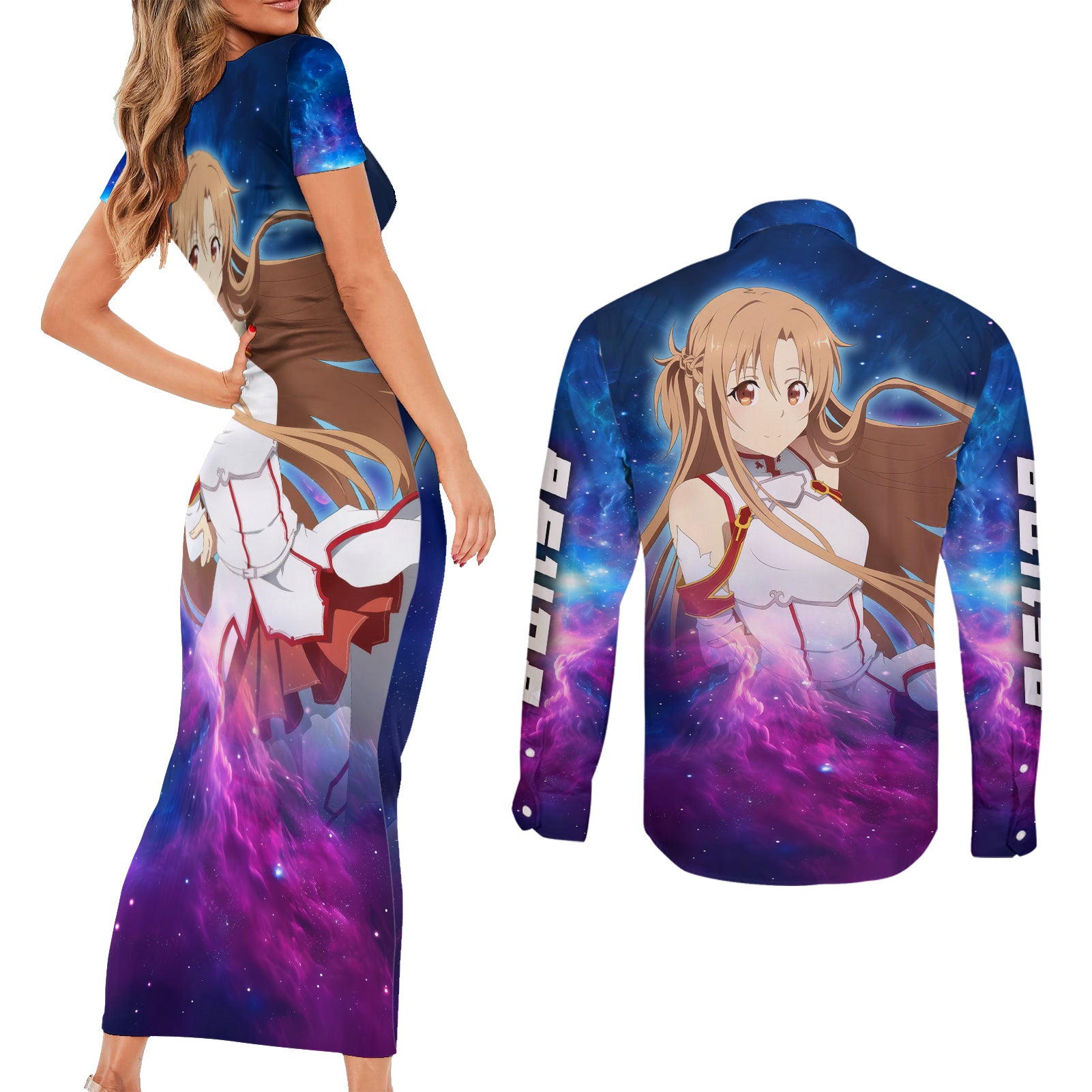 Asuna Couples Matching Short Sleeve Bodycon Dress and Long Sleeve Button Shirt Sword Art Galaxy Style