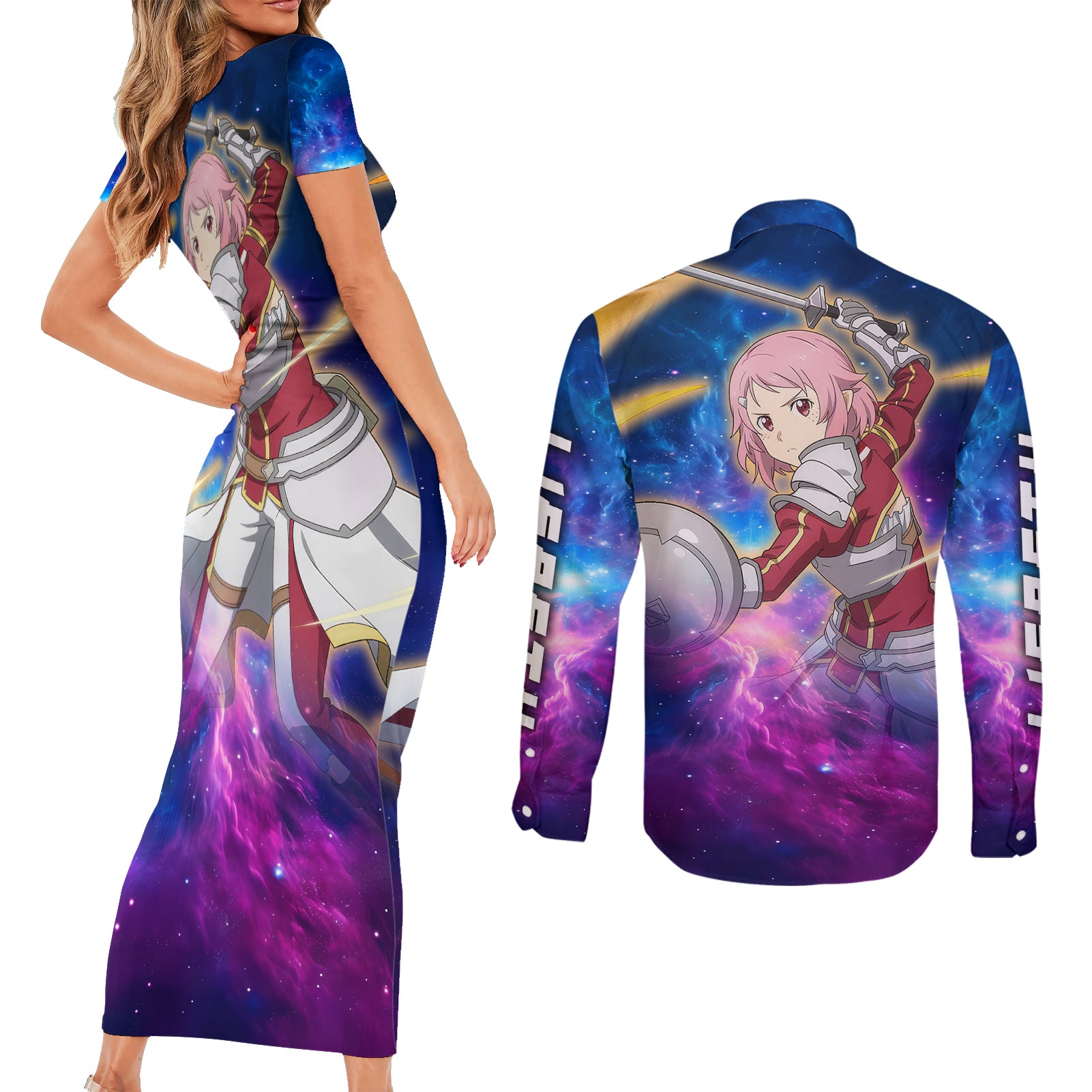 Shinozaki Rika Lisbeth Couples Matching Short Sleeve Bodycon Dress and Long Sleeve Button Shirt Sword Art Galaxy Style