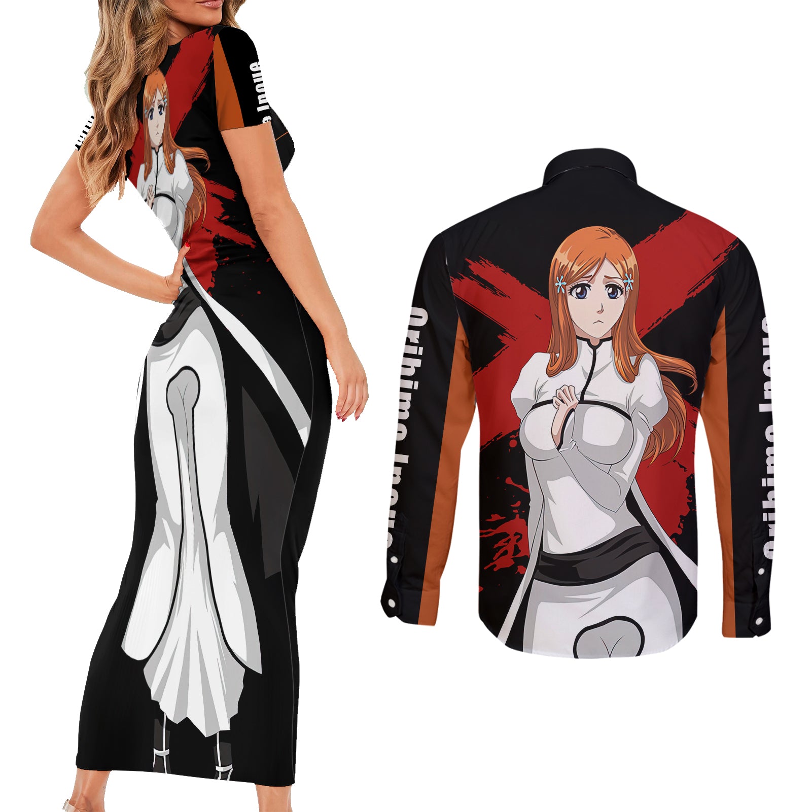 Orihime Inoue Couples Matching Short Sleeve Bodycon Dress and Long Sleeve Button Shirt Bleach
