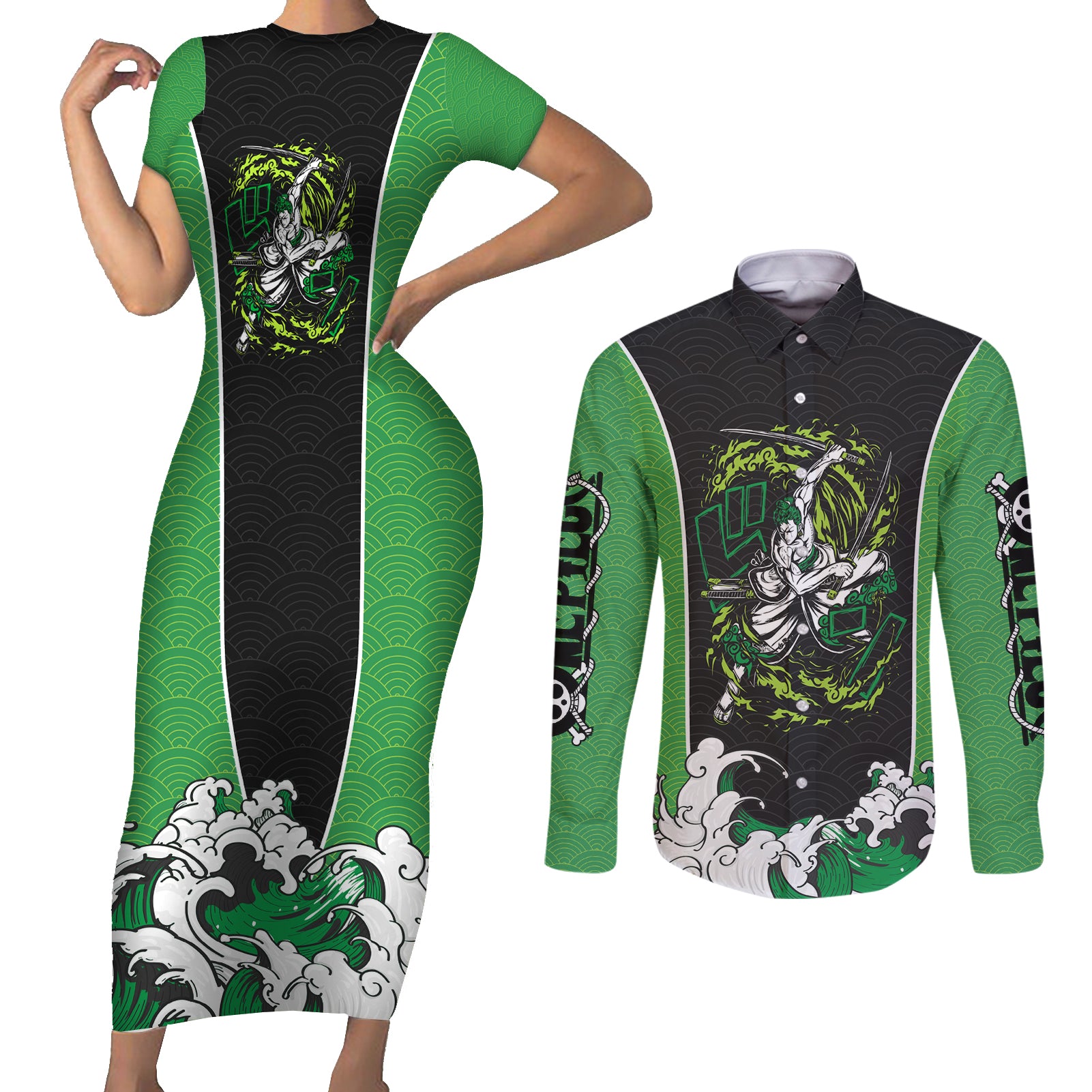 Roronoa Zoro - One Piece Couples Matching Short Sleeve Bodycon Dress and Long Sleeve Button Shirt Anime Japan Style