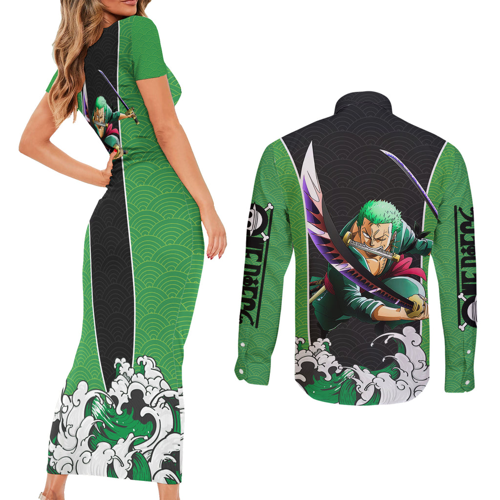 Roronoa Zoro - One Piece Couples Matching Short Sleeve Bodycon Dress and Long Sleeve Button Shirt Anime Japan Style