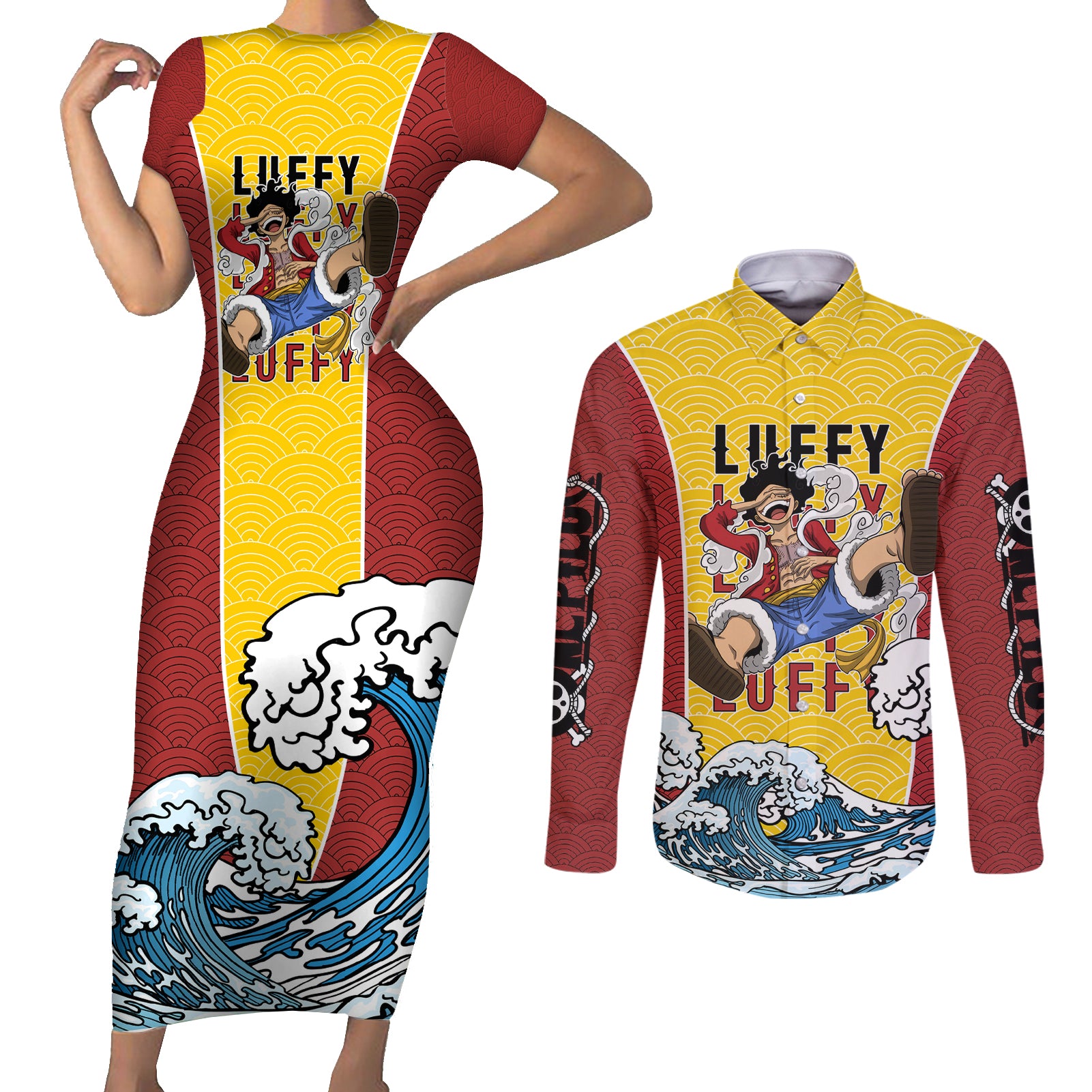 Luffy - One Piece Couples Matching Short Sleeve Bodycon Dress and Long Sleeve Button Shirt Anime Japan Style