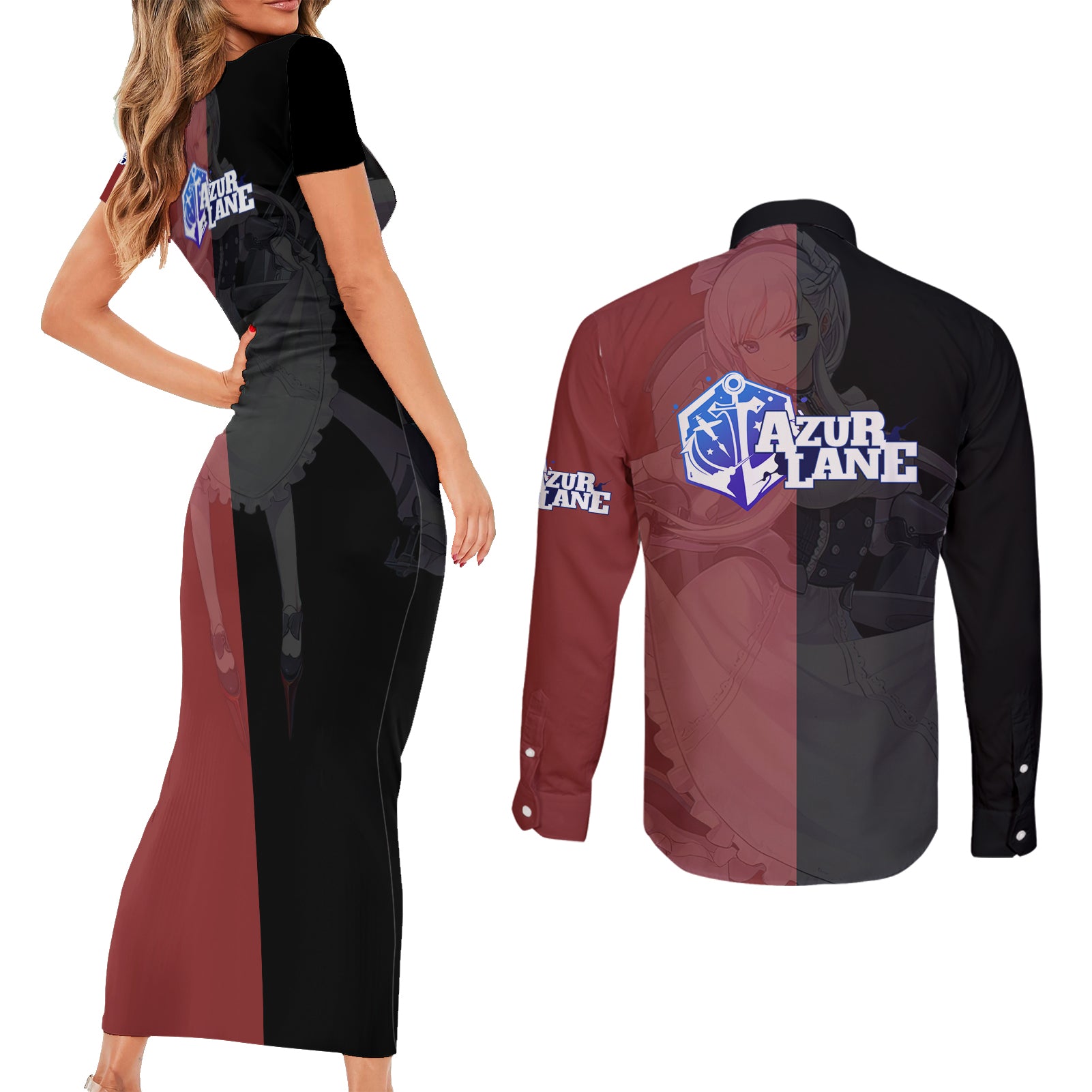 Belfast - Azur Lane Couples Matching Short Sleeve Bodycon Dress and Long Sleeve Button Shirt Anime Game Style