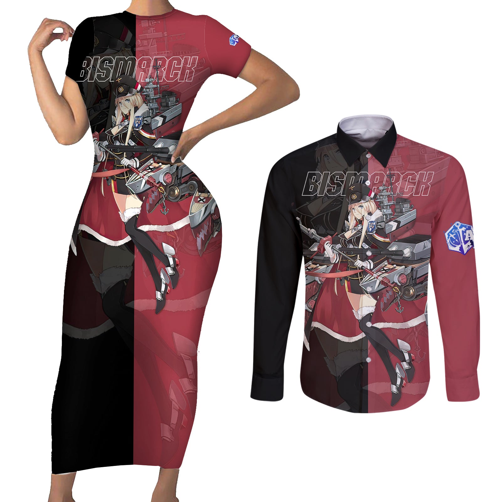 Bismarck - Azur Lane Couples Matching Short Sleeve Bodycon Dress and Long Sleeve Button Shirt Anime Game Style
