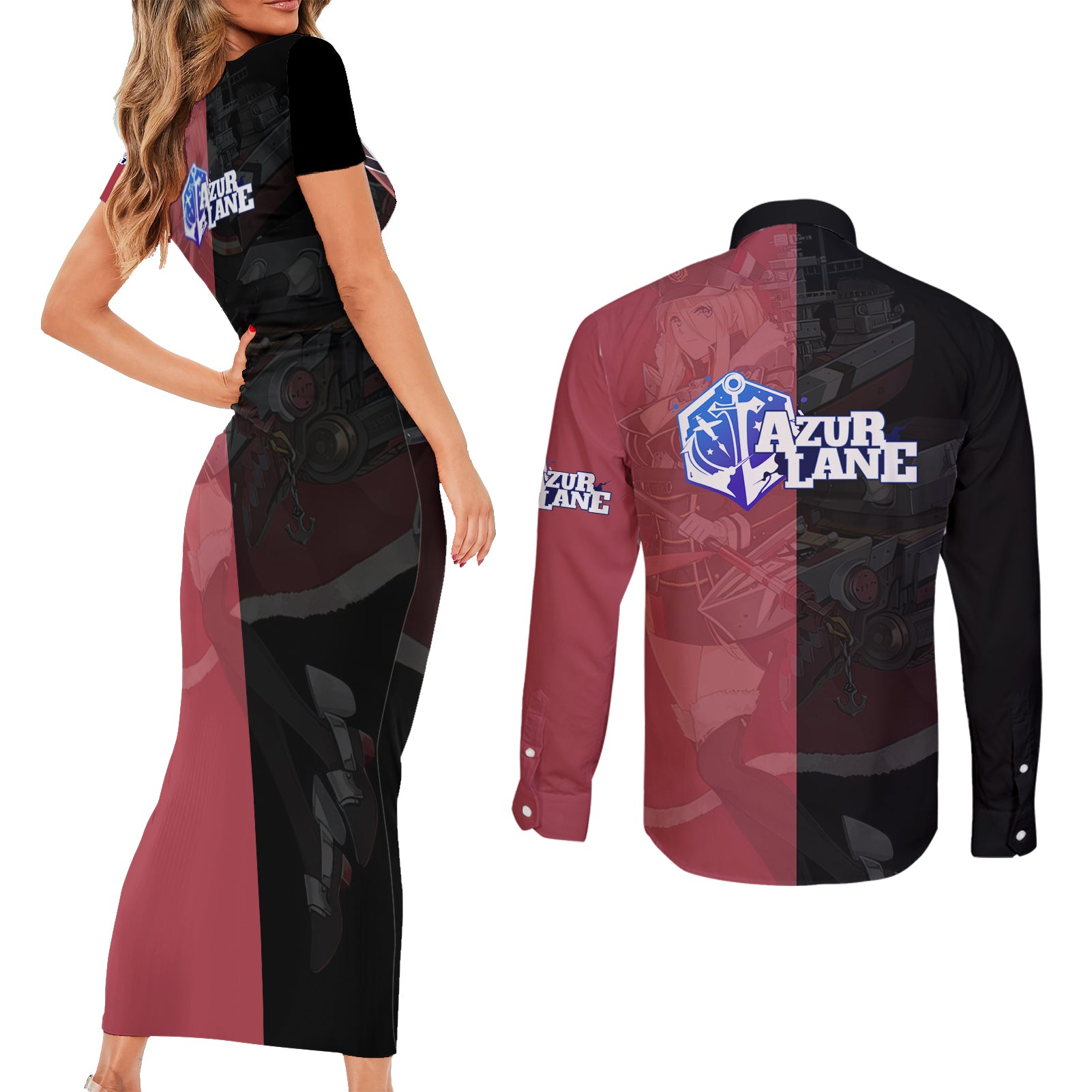 Bismarck - Azur Lane Couples Matching Short Sleeve Bodycon Dress and Long Sleeve Button Shirt Anime Game Style