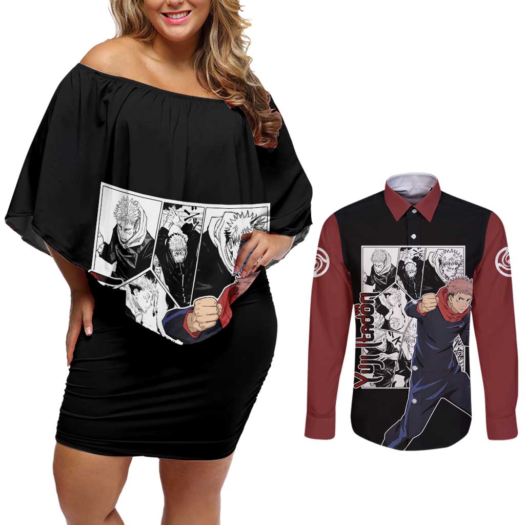 Yuji Itadori - Jujustu Kaisen Couples Matching Off Shoulder Short Dress and Long Sleeve Button Shirt Anime Mix Manga Style