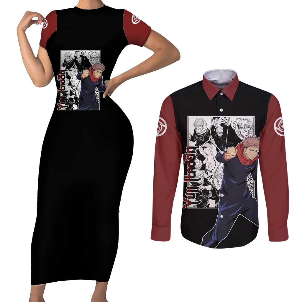 Yuji Itadori - Jujustu Kaisen Couples Matching Short Sleeve Bodycon Dress and Long Sleeve Button Shirt Anime Mix Manga Style