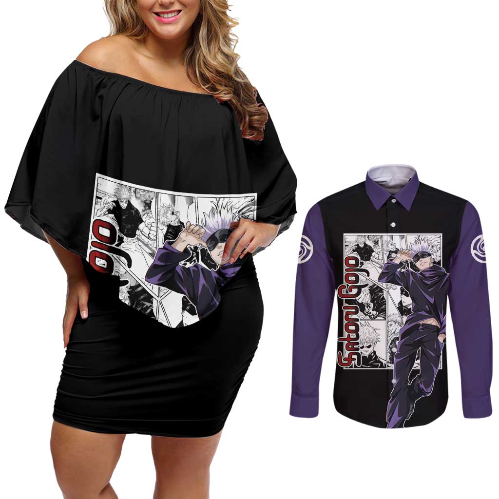 Satoru Gojo - Jujutsu Kaisen Couples Matching Off Shoulder Short Dress and Long Sleeve Button Shirt Anime Mix Manga Style