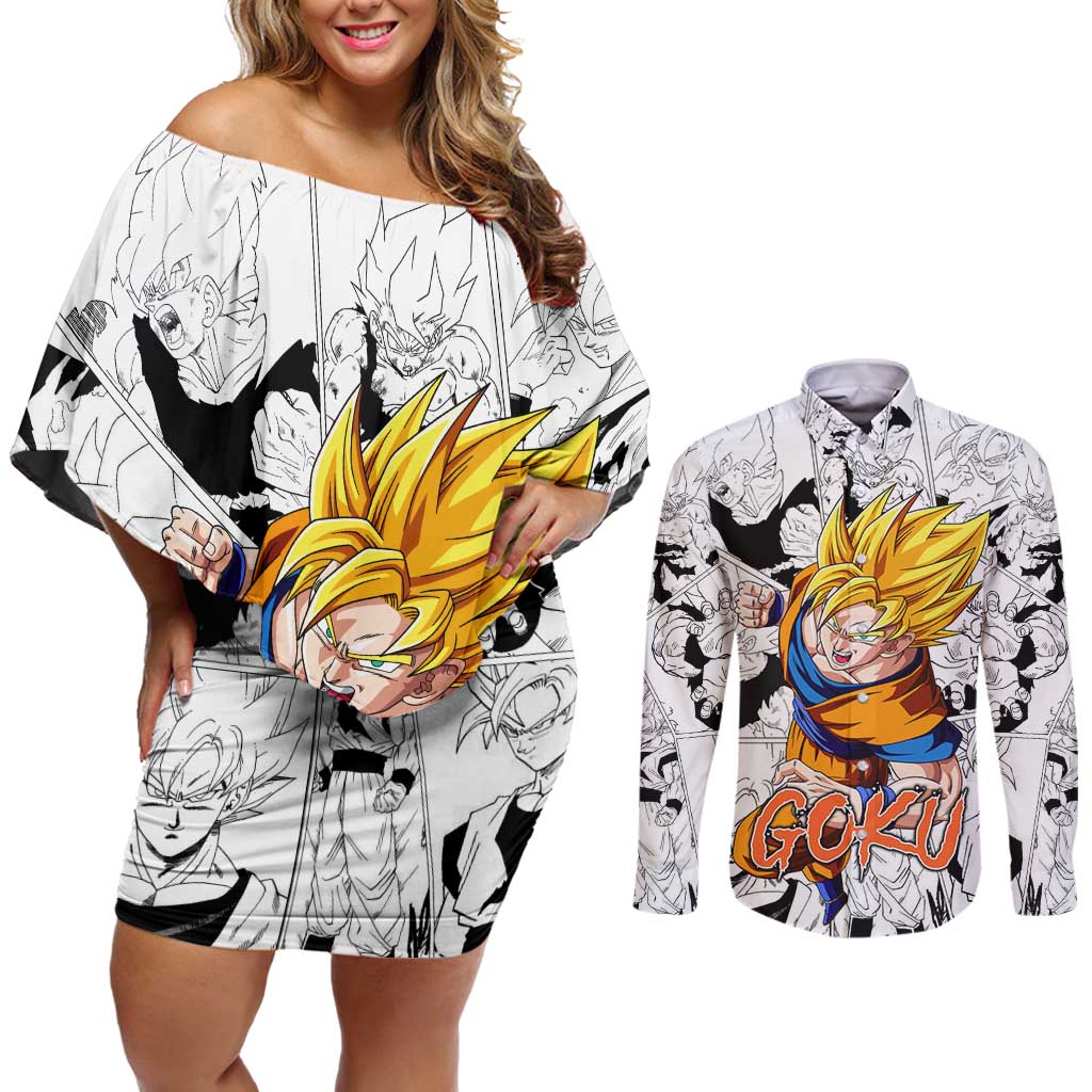 Goku Super Saiyan 2 - Dragon Ball Couples Matching Off Shoulder Short Dress and Long Sleeve Button Shirt Anime Mix Manga Style