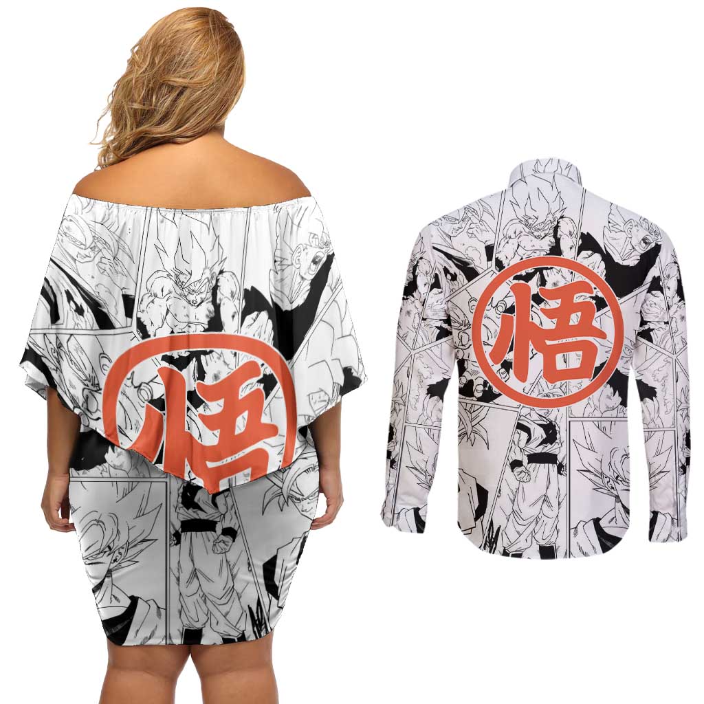 Goku Super Saiyan 2 - Dragon Ball Couples Matching Off Shoulder Short Dress and Long Sleeve Button Shirt Anime Mix Manga Style