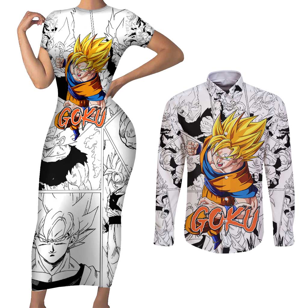 Goku Super Saiyan 2 - Dragon Ball Couples Matching Short Sleeve Bodycon Dress and Long Sleeve Button Shirt Anime Mix Manga Style