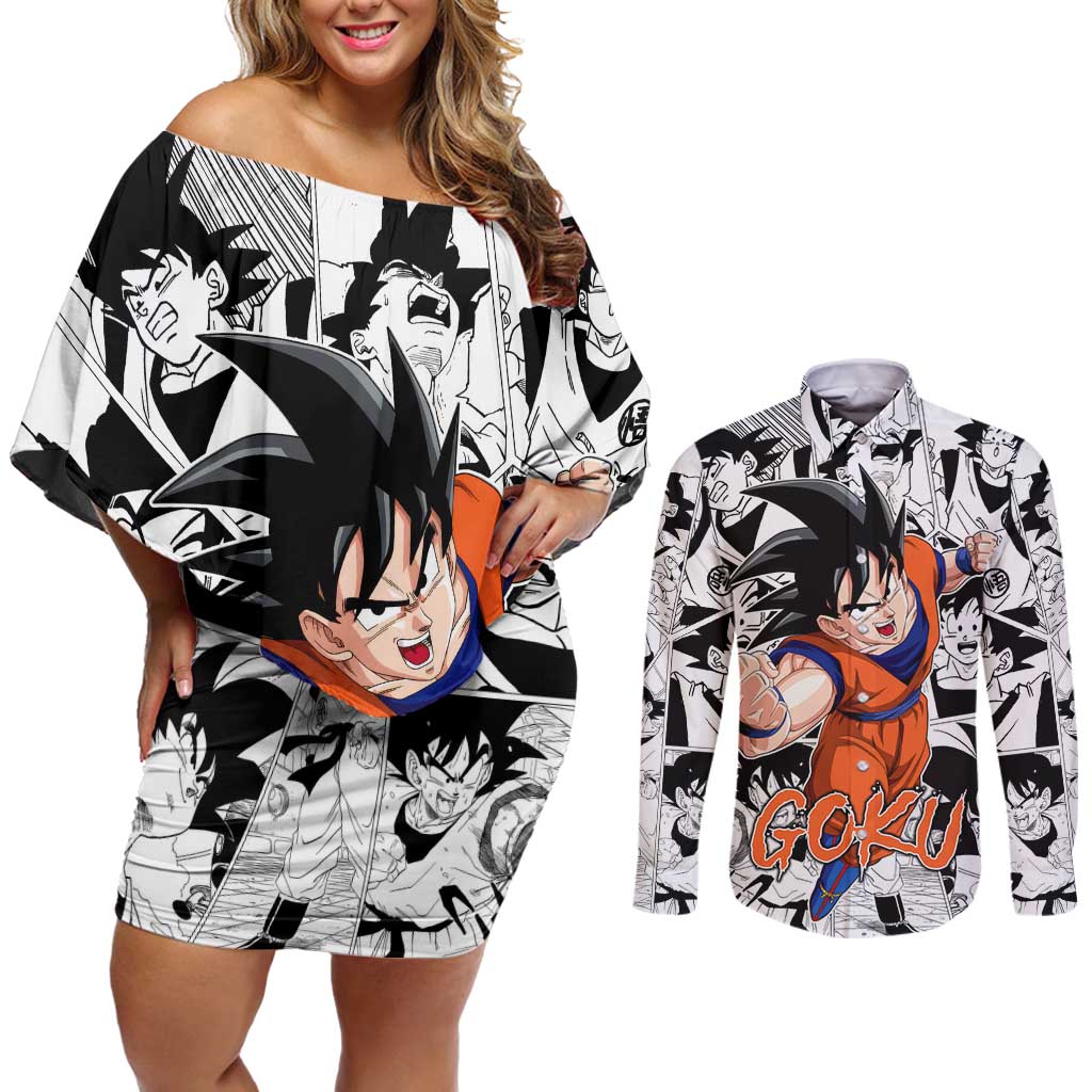 Goku - Dragon Ball Couples Matching Off Shoulder Short Dress and Long Sleeve Button Shirt Anime Style