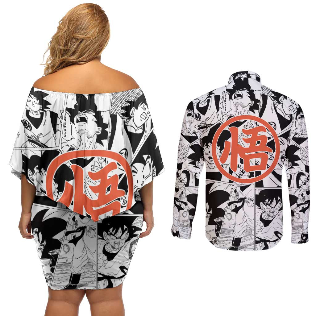 Goku - Dragon Ball Couples Matching Off Shoulder Short Dress and Long Sleeve Button Shirt Anime Style