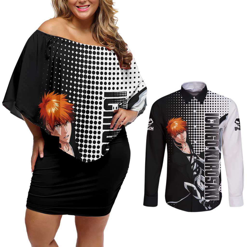 Ichigo - Bleach Couples Matching Off Shoulder Short Dress and Long Sleeve Button Shirt Anime Mix Manga Style