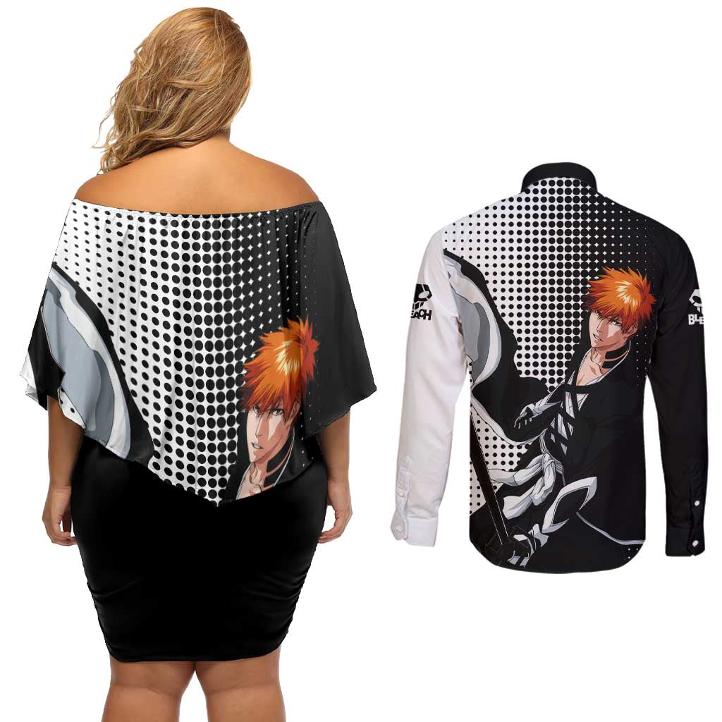 Ichigo - Bleach Couples Matching Off Shoulder Short Dress and Long Sleeve Button Shirt Anime Mix Manga Style