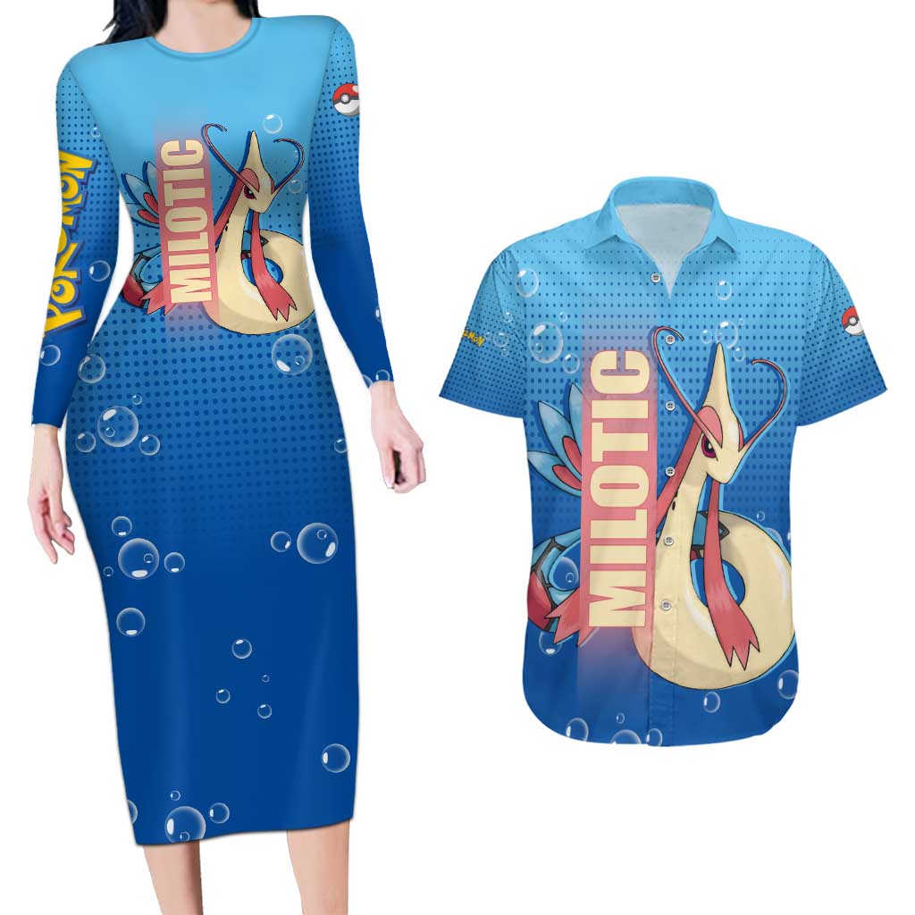 Milotic from Poké Couples Matching Long Sleeve Bodycon Dress and Hawaiian Shirt with Water Type Ability and Graceful Pose Design - The Mazicc