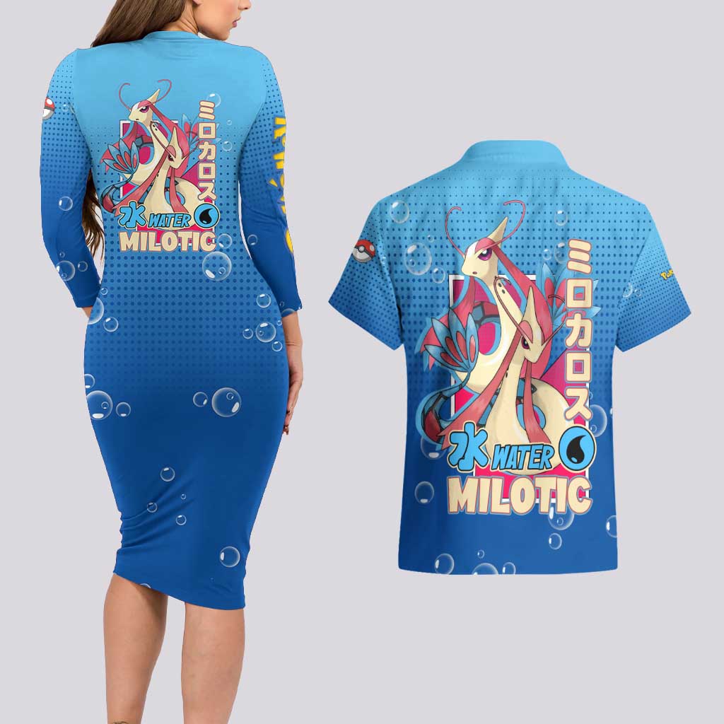 Milotic from Poké Couples Matching Long Sleeve Bodycon Dress and Hawaiian Shirt with Water Type Ability and Graceful Pose Design - The Mazicc