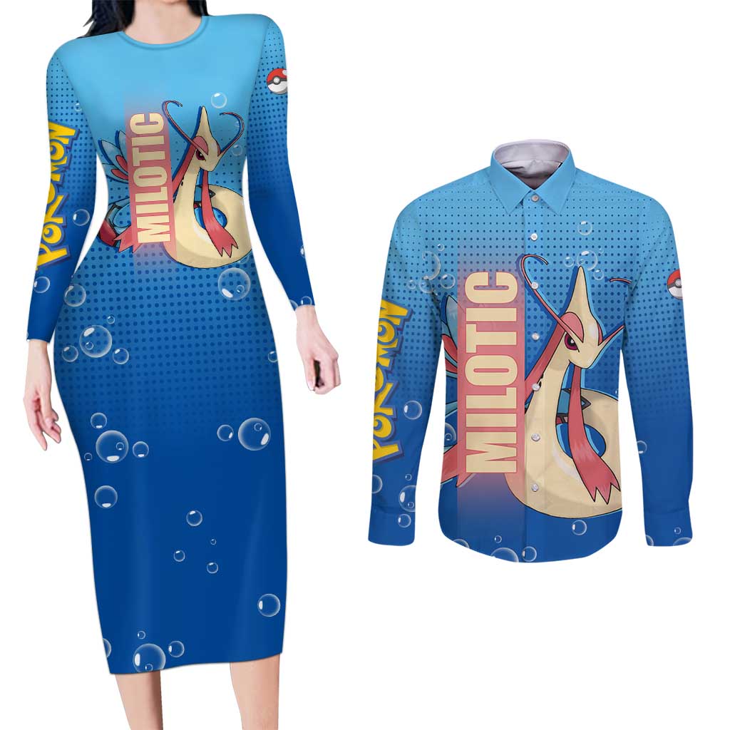 Milotic from Poké Couples Matching Long Sleeve Bodycon Dress and Long Sleeve Button Shirt with Water Type Ability and Graceful Pose Design - The Mazicc