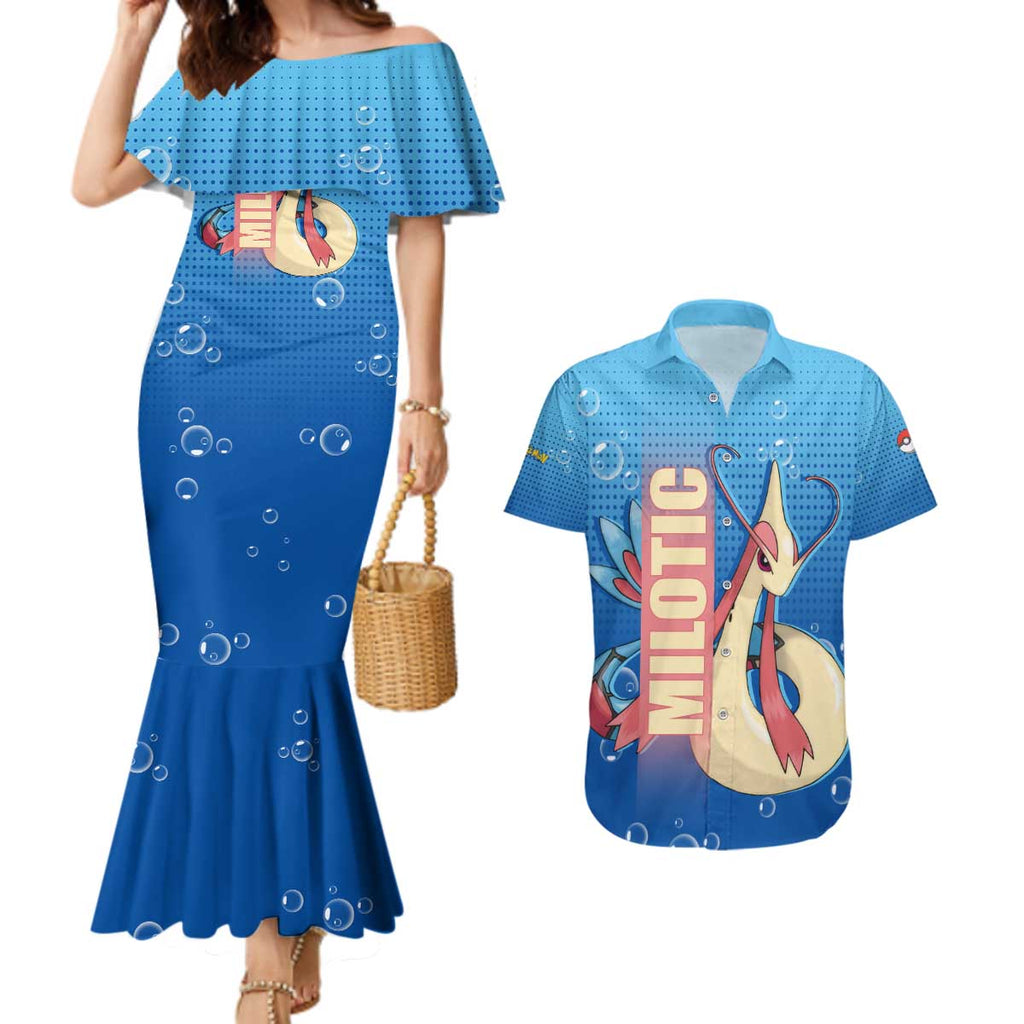 Milotic from Poké Couples Matching Mermaid Dress and Hawaiian Shirt with Water Type Ability and Graceful Pose Design - The Mazicc