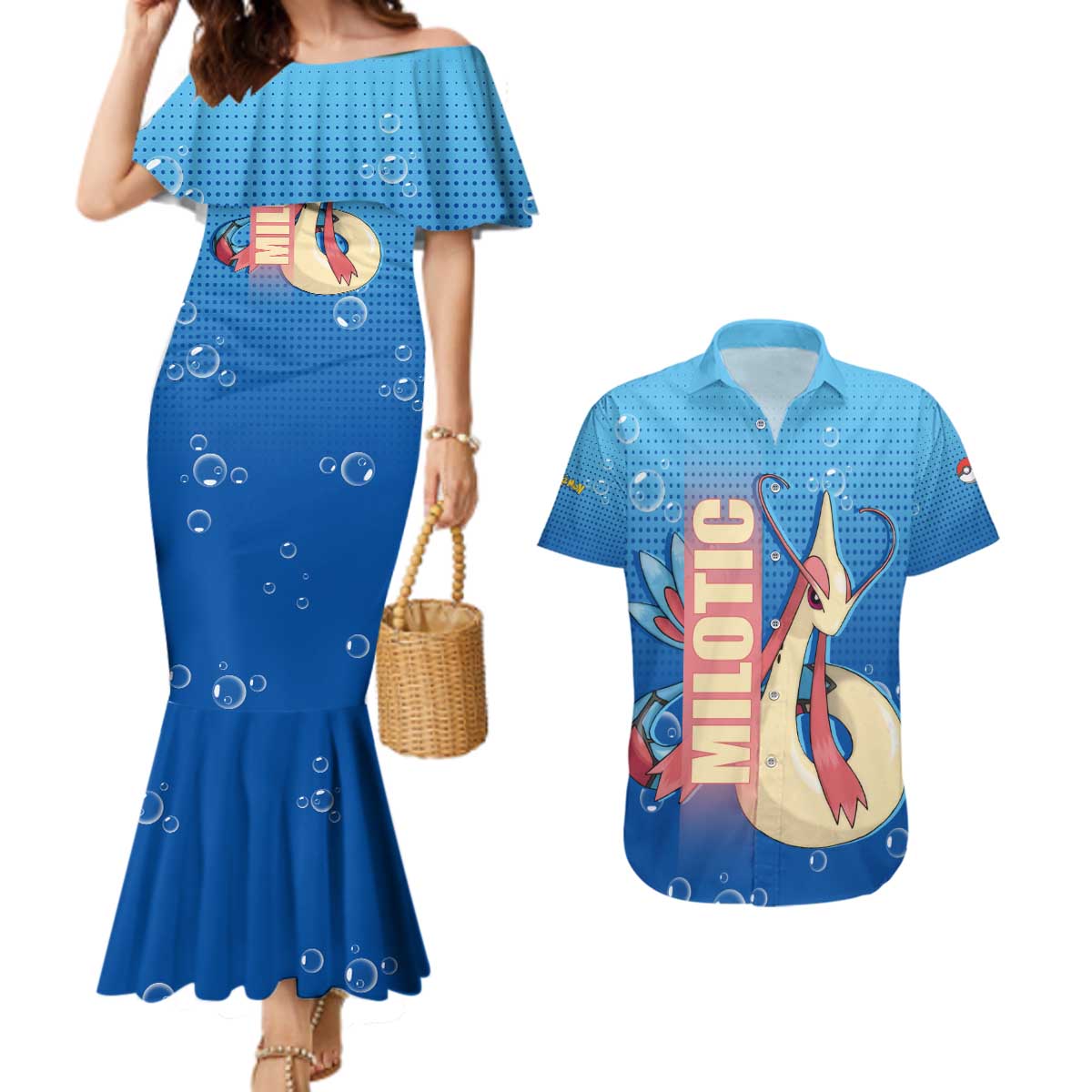 Milotic from Poké Couples Matching Mermaid Dress and Hawaiian Shirt with Water Type Ability and Graceful Pose Design - The Mazicc