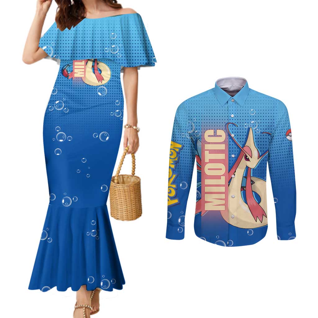 Milotic from Poké Couples Matching Mermaid Dress and Long Sleeve Button Shirt with Water Type Ability and Graceful Pose Design - The Mazicc