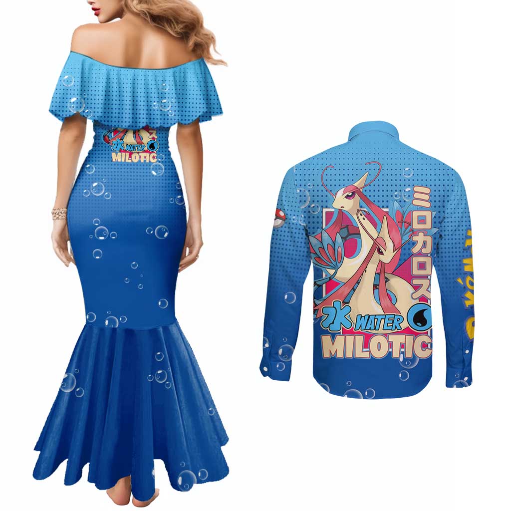 Milotic from Poké Couples Matching Mermaid Dress and Long Sleeve Button Shirt with Water Type Ability and Graceful Pose Design - The Mazicc