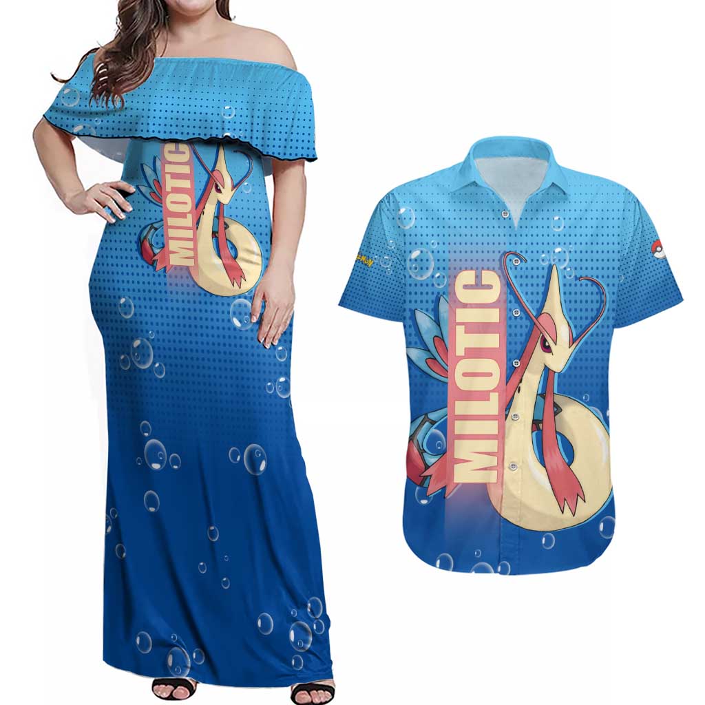 Milotic from Poké Couples Matching Off Shoulder Maxi Dress and Hawaiian Shirt with Water Type Ability and Graceful Pose Design - The Mazicc