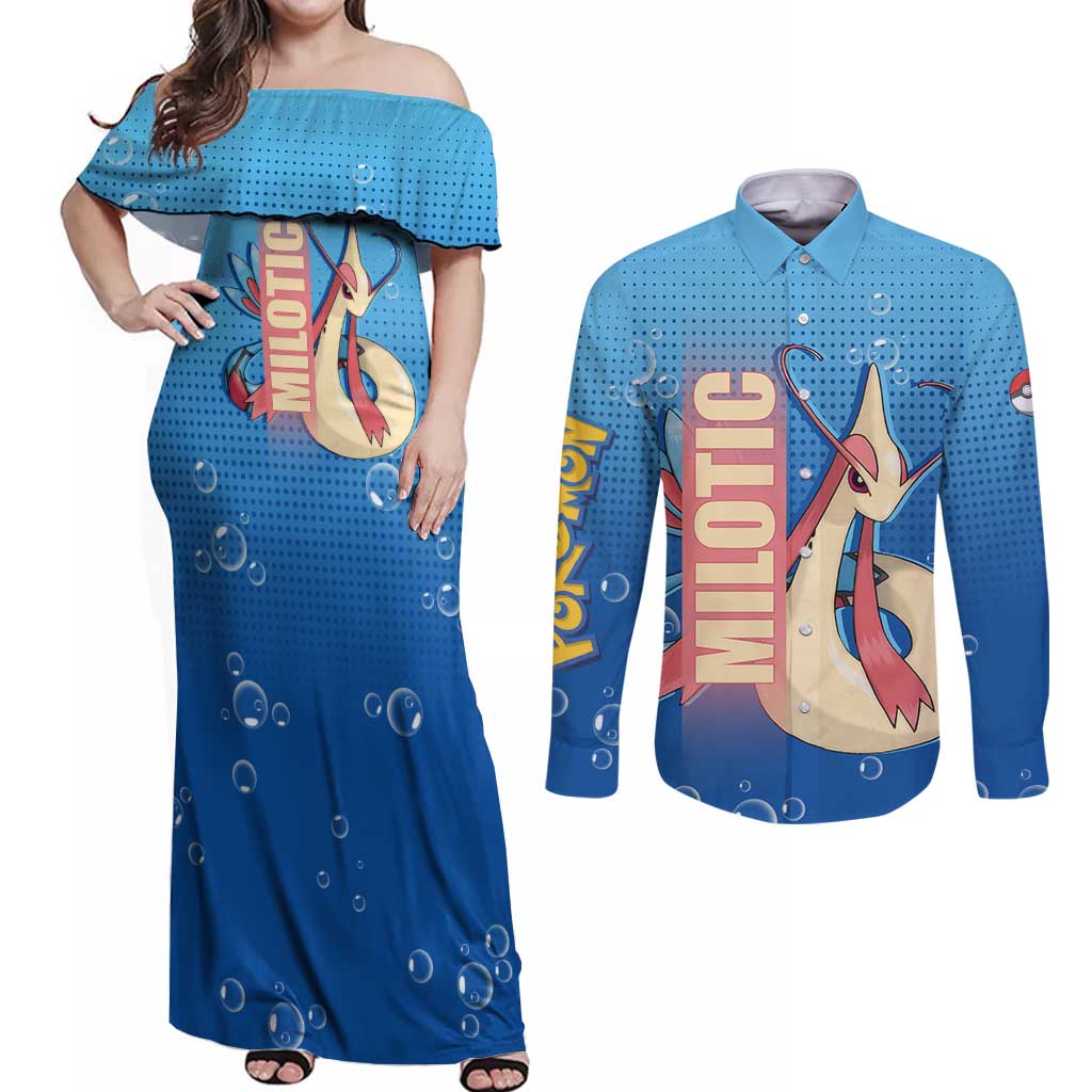Milotic from Poké Couples Matching Off Shoulder Maxi Dress and Long Sleeve Button Shirt with Water Type Ability and Graceful Pose Design - The Mazicc