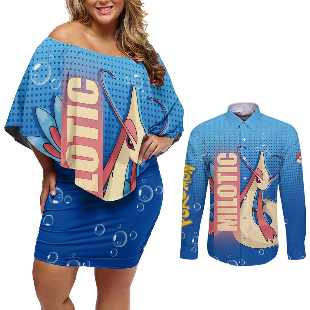 Milotic from Poké Couples Matching Off Shoulder Short Dress and Long Sleeve Button Shirt with Water Type Ability and Graceful Pose Design - The Mazicc