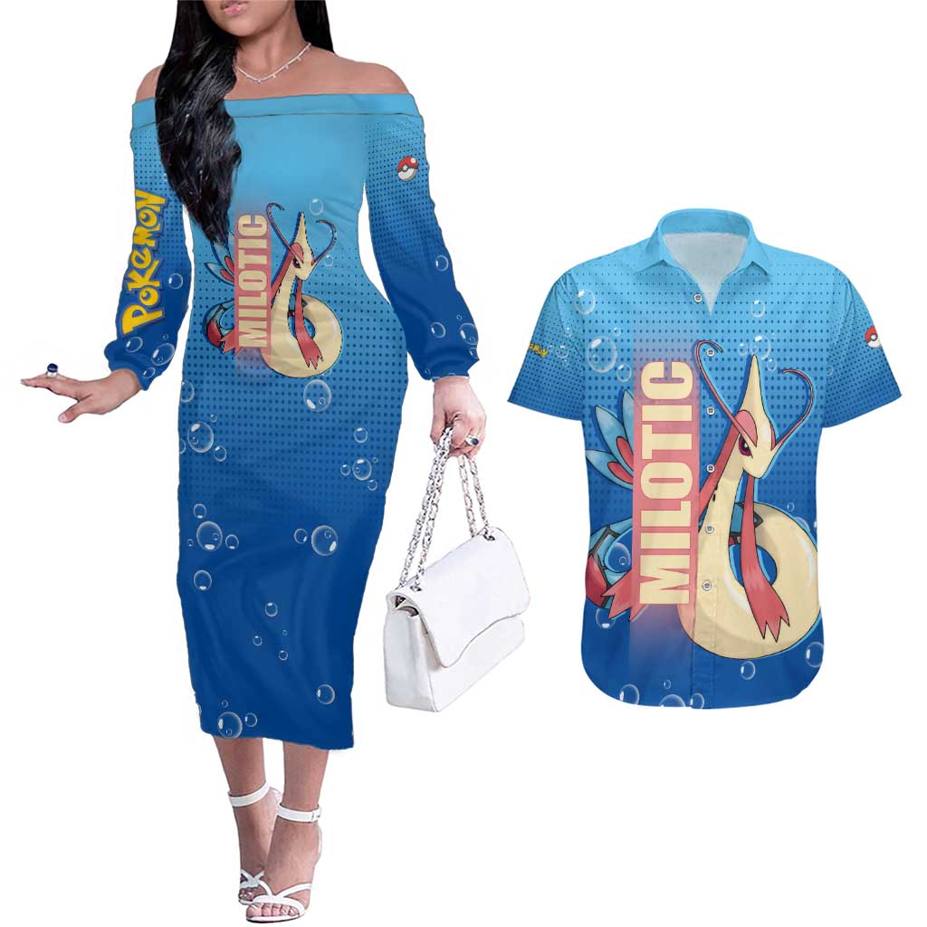 Milotic from Poké Couples Matching Off The Shoulder Long Sleeve Dress and Hawaiian Shirt with Water Type Ability and Graceful Pose Design - The Mazicc