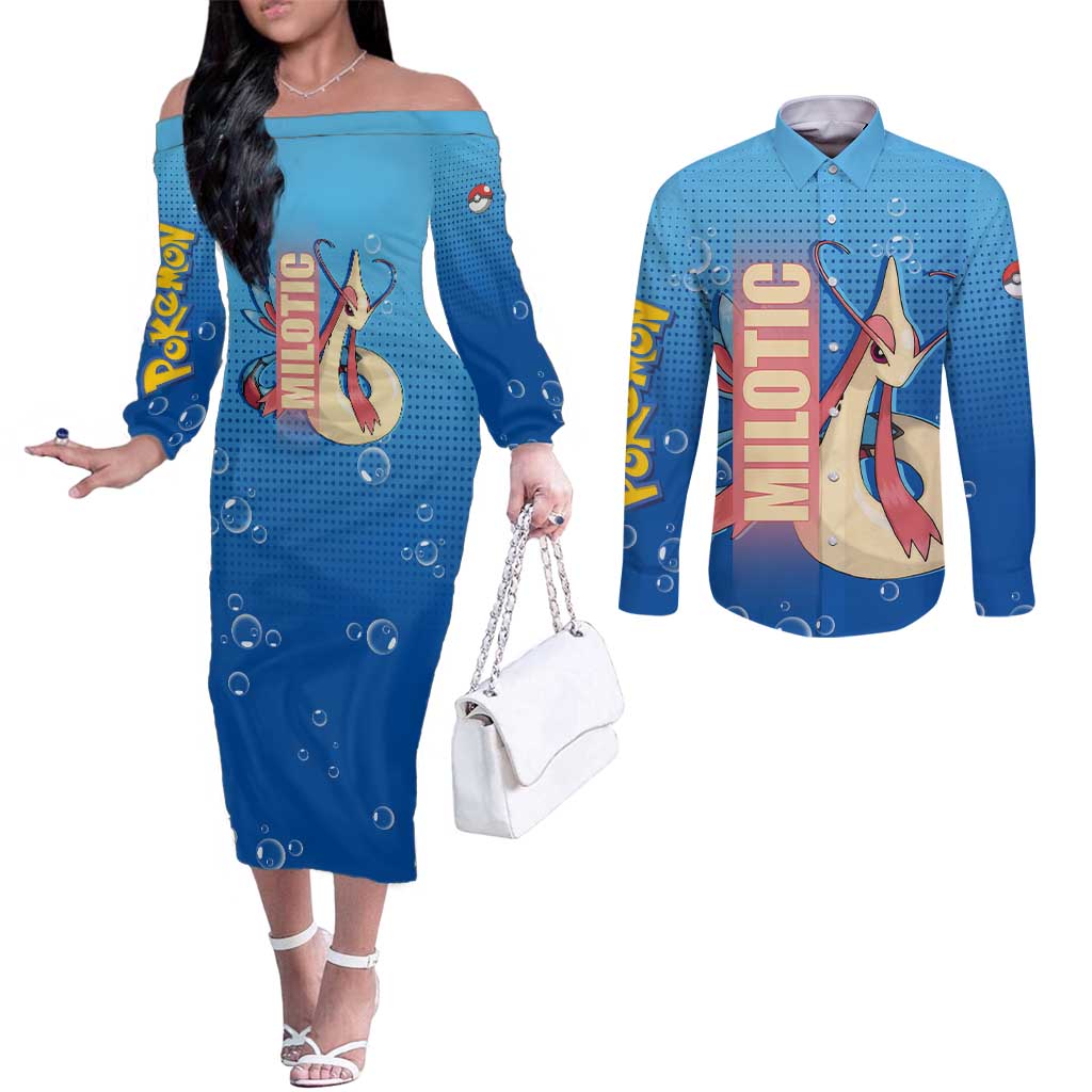 Milotic from Poké Couples Matching Off The Shoulder Long Sleeve Dress and Long Sleeve Button Shirt with Water Type Ability and Graceful Pose Design - The Mazicc