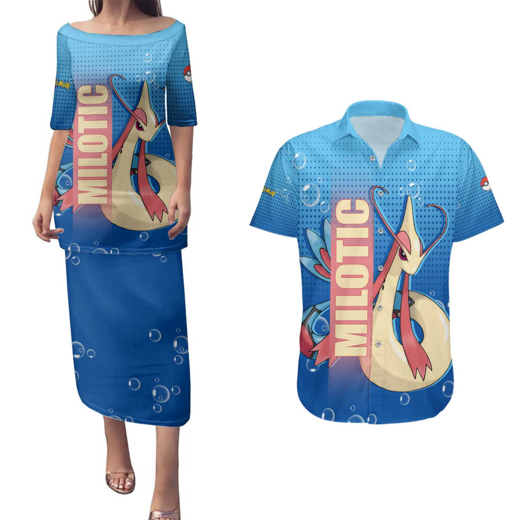 Milotic from Poké Couples Matching Puletasi and Hawaiian Shirt with Water Type Ability and Graceful Pose Design - The Mazicc