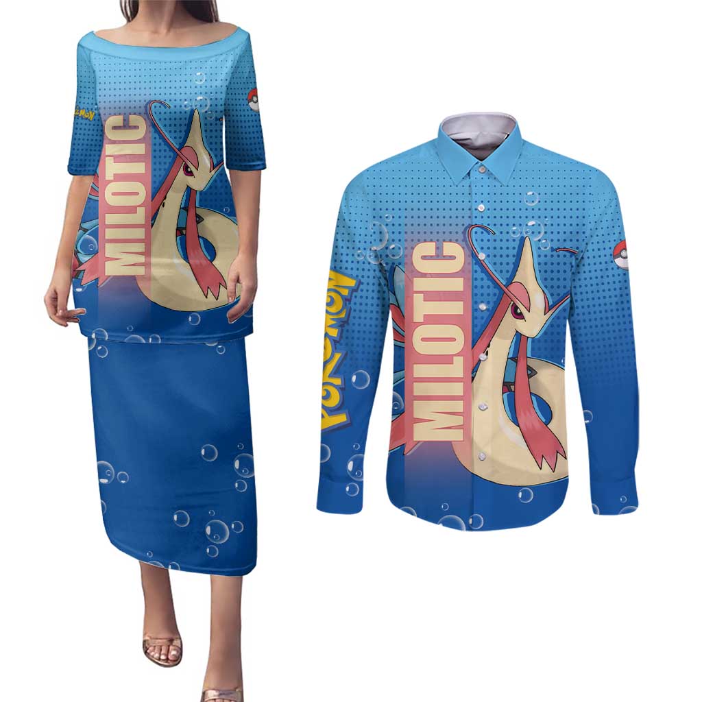 Milotic from Poké Couples Matching Puletasi and Long Sleeve Button Shirt with Water Type Ability and Graceful Pose Design - The Mazicc