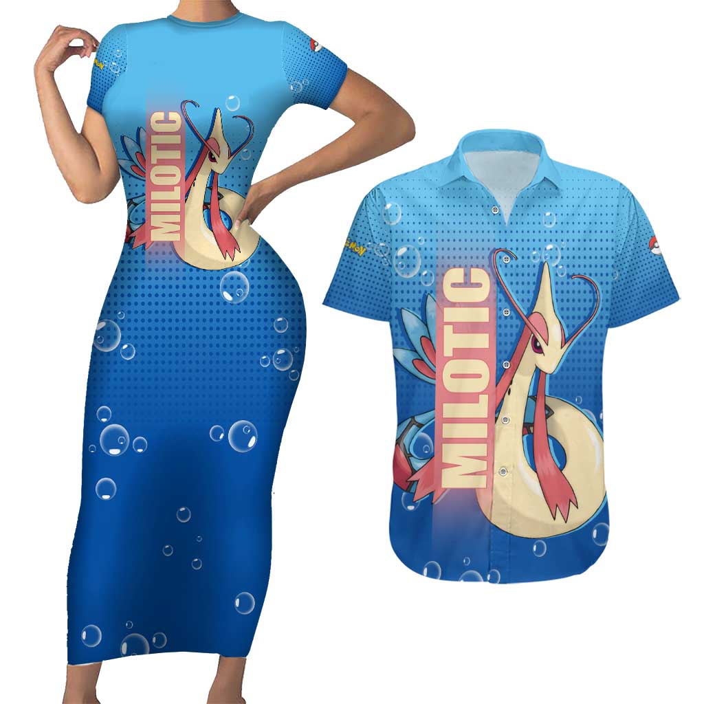 Milotic from Poké Couples Matching Short Sleeve Bodycon Dress and Hawaiian Shirt with Water Type Ability and Graceful Pose Design - The Mazicc