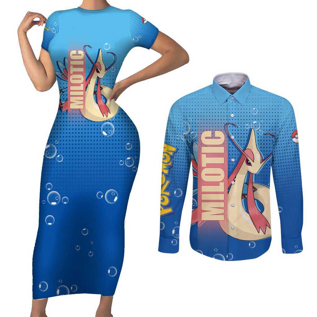 Milotic from Poké Couples Matching Short Sleeve Bodycon Dress and Long Sleeve Button Shirt with Water Type Ability and Graceful Pose Design - The Mazicc