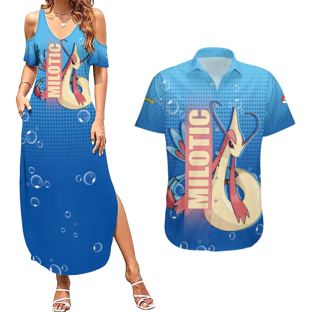 Milotic from Poké Couples Matching Summer Maxi Dress and Hawaiian Shirt with Water Type Ability and Graceful Pose Design - The Mazicc