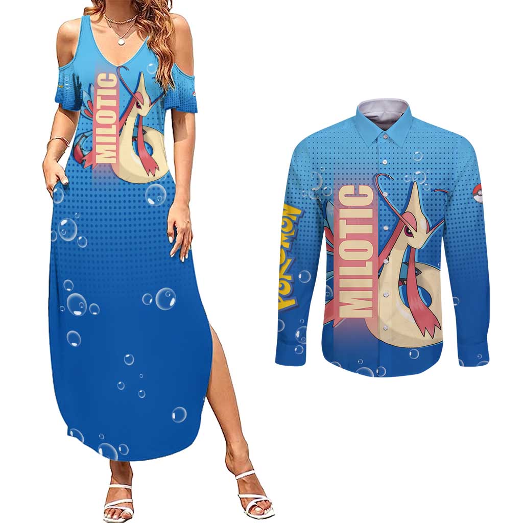 Milotic from Poké Couples Matching Summer Maxi Dress and Long Sleeve Button Shirt with Water Type Ability and Graceful Pose Design - The Mazicc