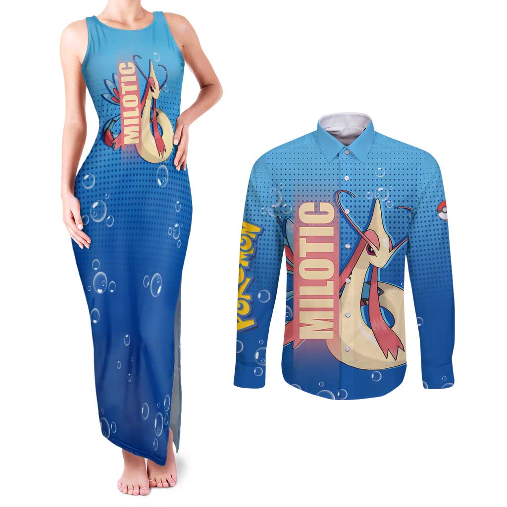 Milotic from Poké Couples Matching Tank Maxi Dress and Long Sleeve Button Shirt with Water Type Ability and Graceful Pose Design - The Mazicc