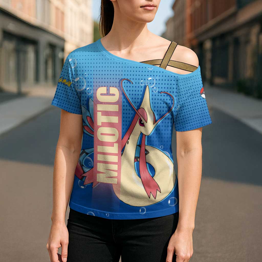 Milotic from Poké Cross Shoulder Shirt with Water Type Ability and Graceful Pose Design - The Mazicc